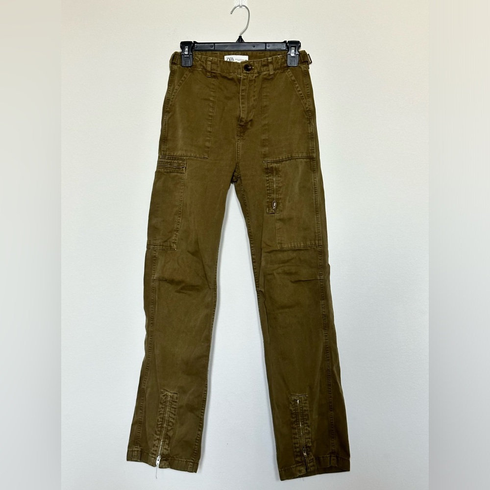 Zara Olive Green Cargo Pants XS Utility Ankle Zip Cinch Waist Trousers